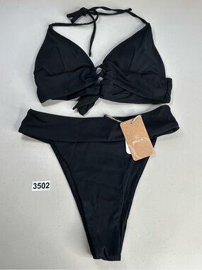 Berlook Bikini Set Medium Black Ribbed High Cut Wide Waisted Bottom Back Tie Top